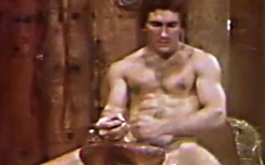Muscular and athletic retro man masturbates and cums solo