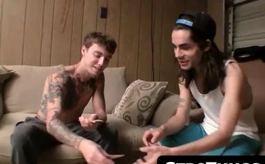 Straight buddies Devin and Blinx's post-strip poker jerk off and cum fest