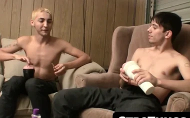 Straight guys' flashlight-assisted large dong tugging and cum blasting fest