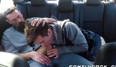 Daddy bare impales his stepson doggy style while in the car