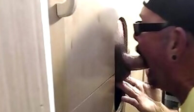 Mature gloryhole gay blows and jerks off white dick