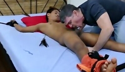 Asian bondage twink barebacked by DILF after tickling