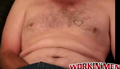 Rough older man strips and slowly tugs on his big hard meat