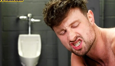 Skinny gay fisting asshole leather harness jock in toilet