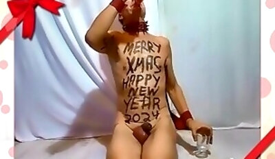 naked slave exposed christmas Happy New Year bodywriting piss glass drink it fuck dildo BDSM